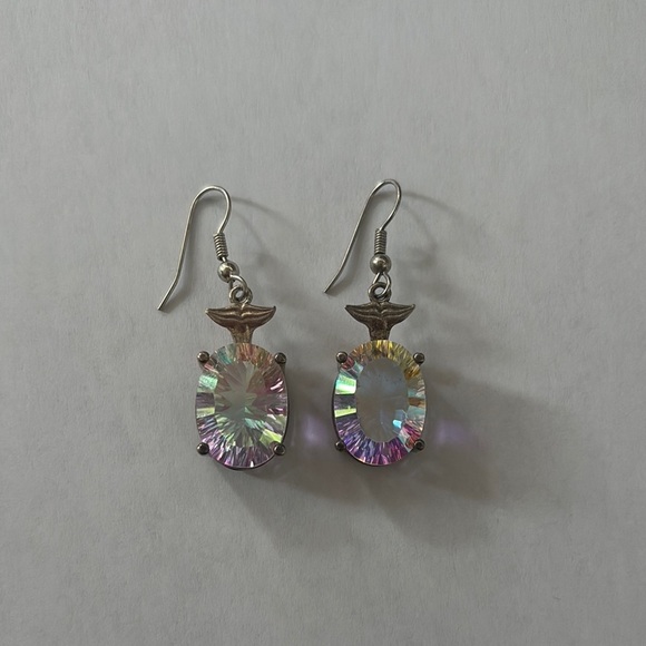 Iridescent sheer color oval shape gemstone Drop Earrings fishhook post - Picture 1 of 6